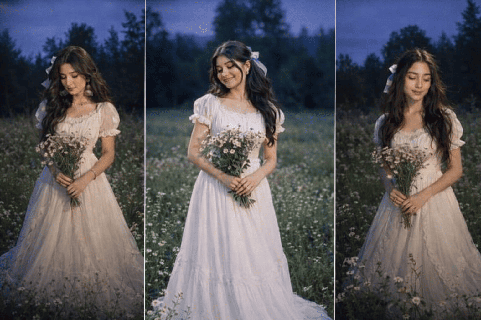 Dreamy Cinematic Meadow Portrait AI Prompt – Fairycore Blue Hour Photography