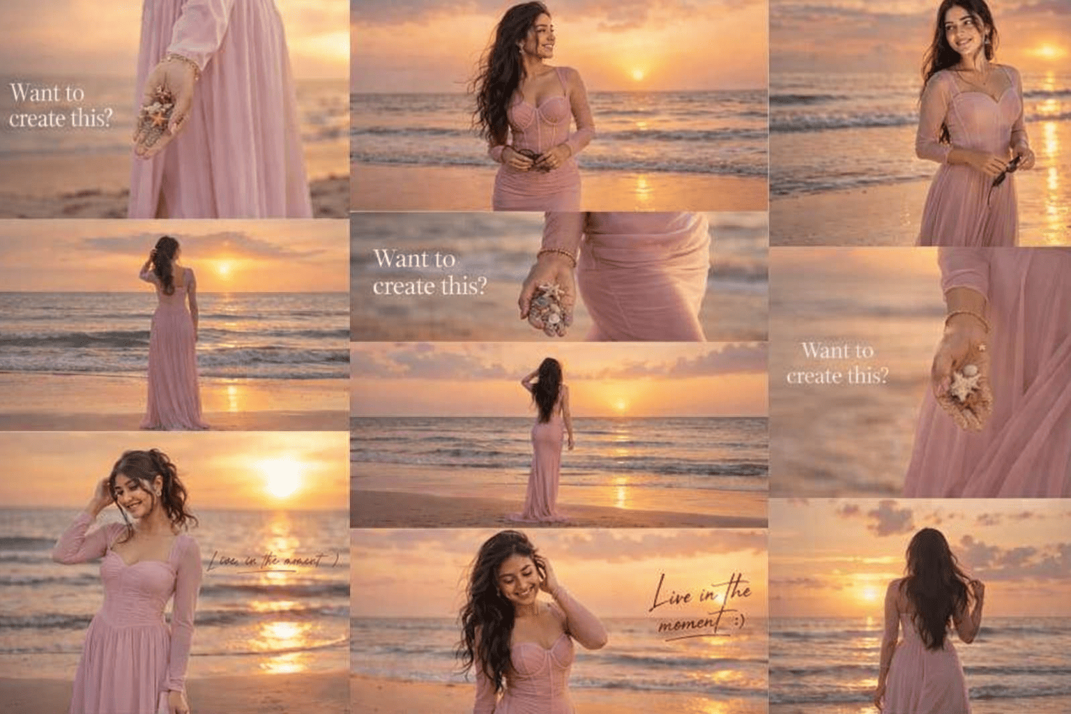 Ultra-Realistic Cinematic Beach Sunset Portrait Collage Prompt (4-Frame Instagram Travel Aesthetic)