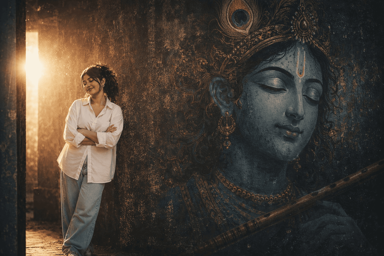 Cinematic Krishna Mural Portrait Prompt: Create a Stunning 90s Film-Inspired Masterpiece