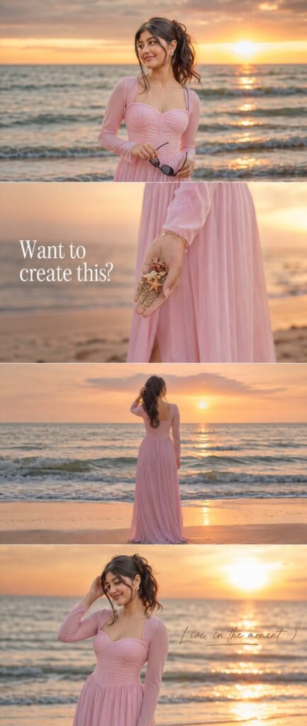 Ultra-Realistic Cinematic Beach Sunset Portrait Collage Prompt (4-Frame Instagram Travel Aesthetic)